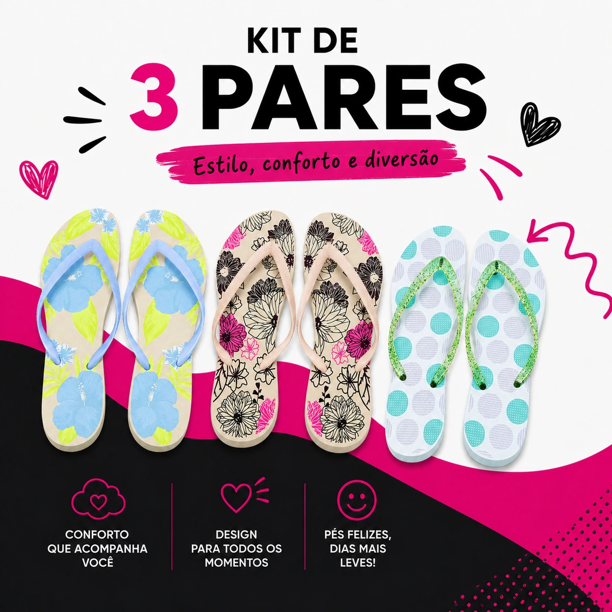 Kit 3 Chinelos Feminino Varias Estampas - Imagem 2