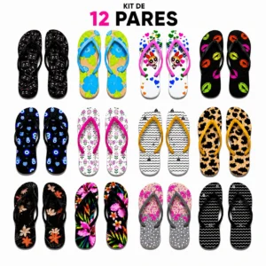 Kit 12 Pares Chinelos Femininos Estampas Variadas