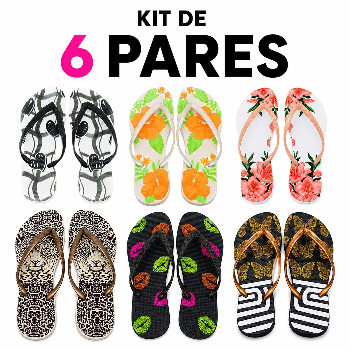 Kit 6 Chinelos Feminino Varias Estampas - Imagem 2